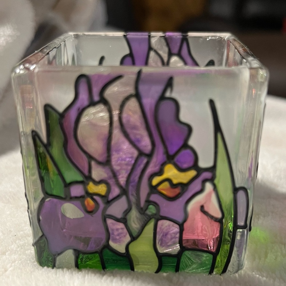 Stained Glass Dragonfly and Iris Candle Holder Hand Painted. - Picture 4 of 5